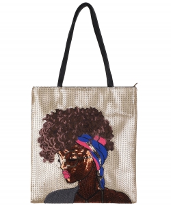 African-American Women Design Reversible Sequin Tote Bag A039GPP GOLD